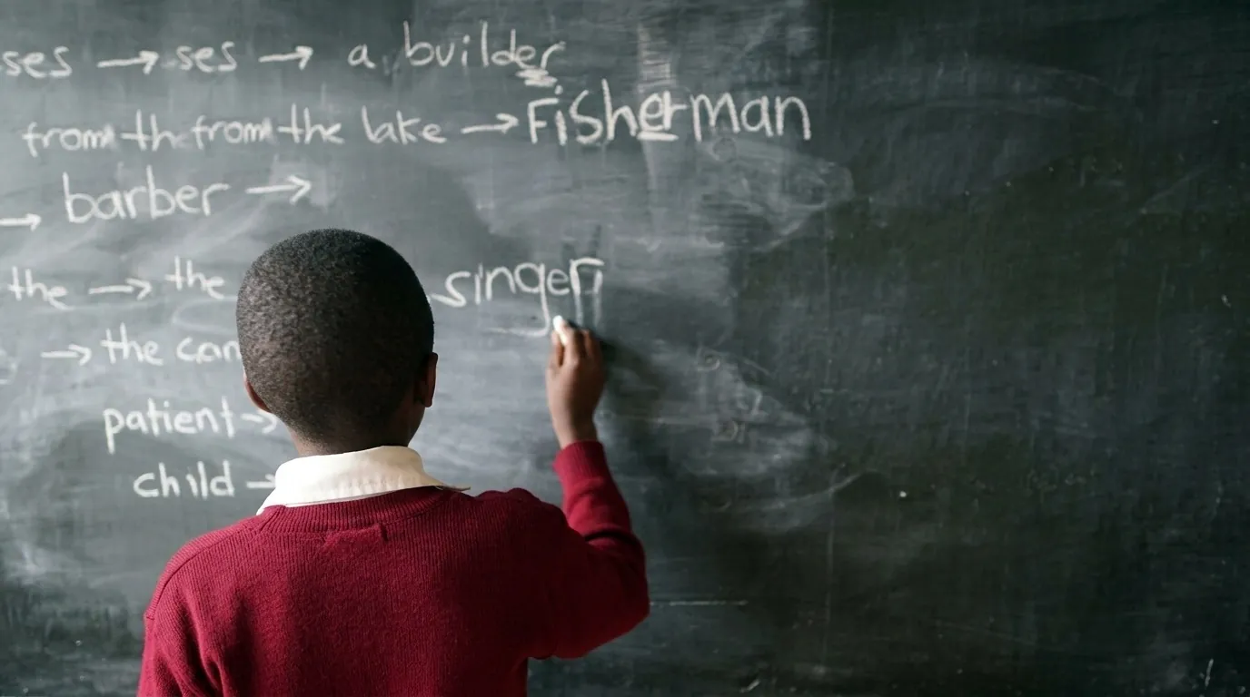 A pupil in a maroon jumper, seen from behind, writing on the classroom blackboard.
