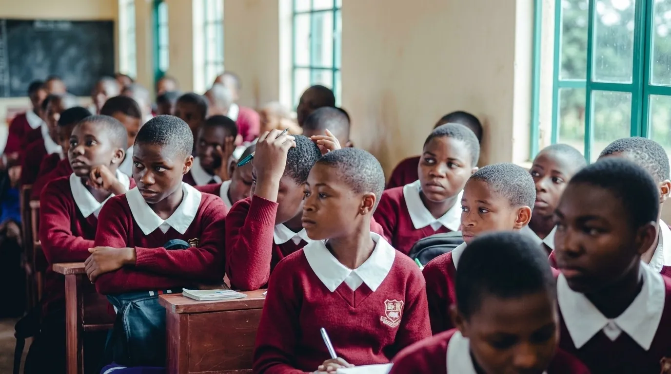 A full class of pupils in maroon jumpers at their desks, listening to a lesson.