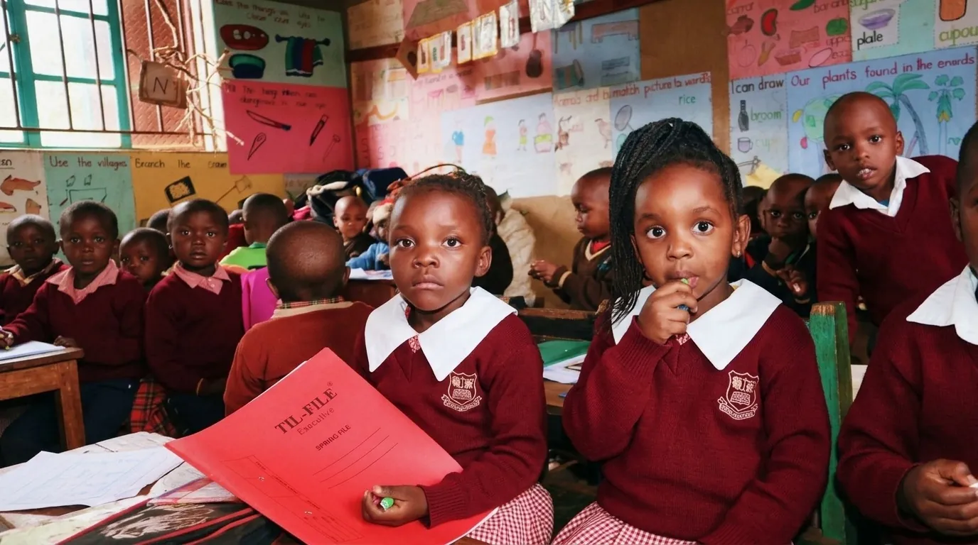 Young children in maroon jumpers at work in a bright classroom hung with charts and their own drawings.