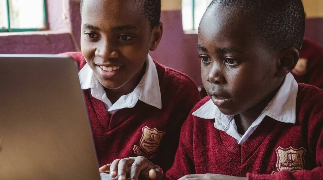 Two boys in maroon jumpers working together at a laptop in a classroom.
