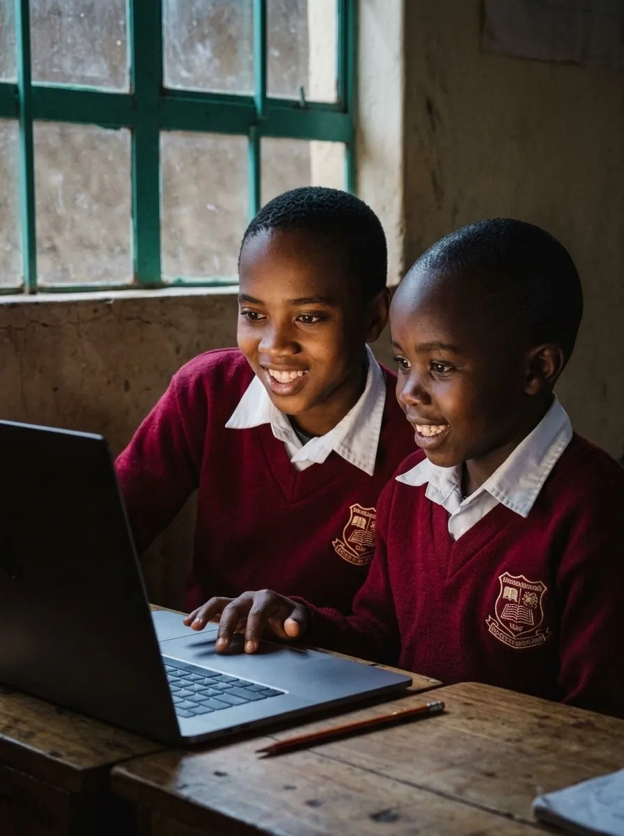 Two boys in maroon jumpers working together at a laptop in a classroom.