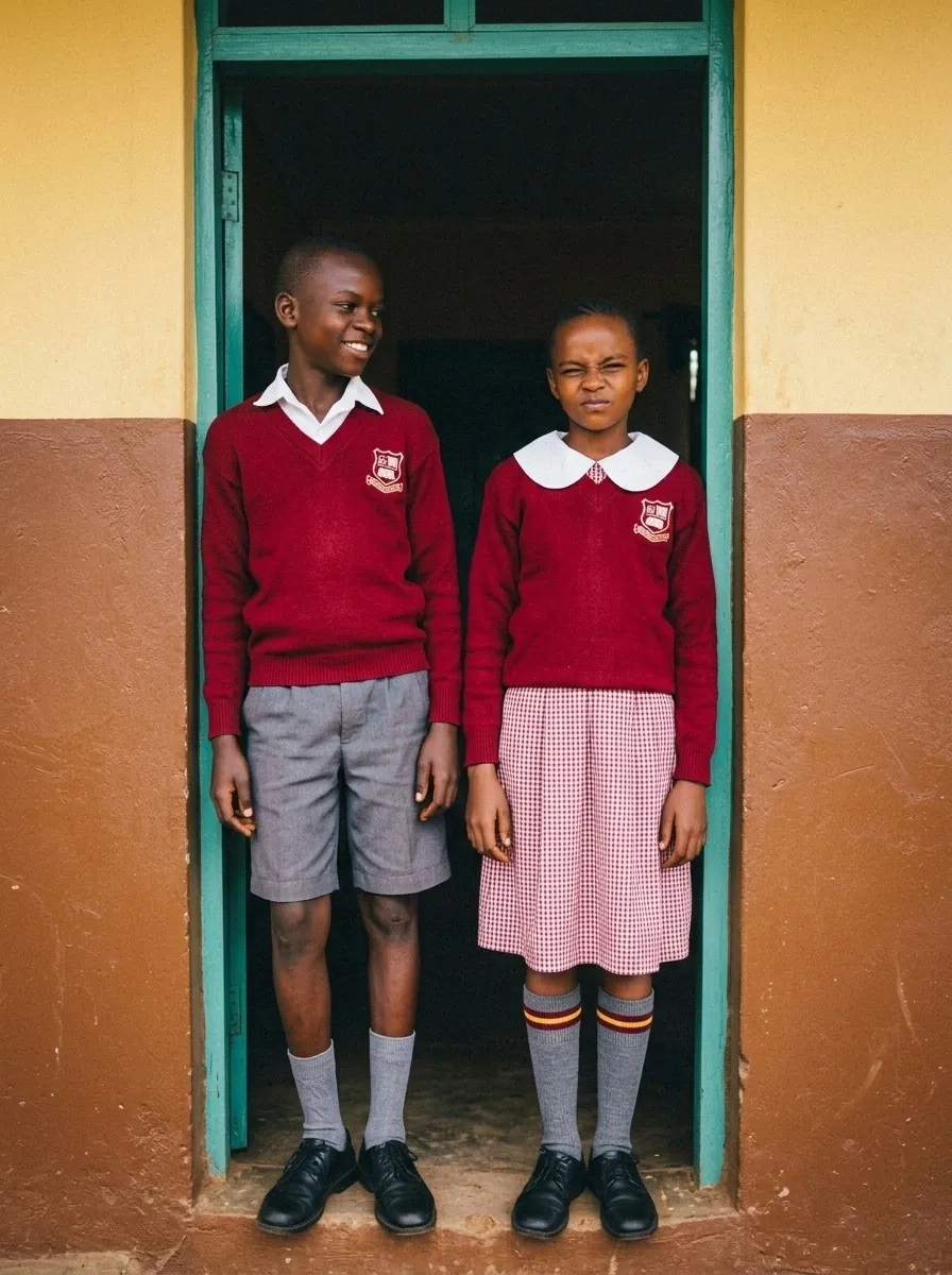 Two pupils in maroon jumpers standing in a classroom doorway with teal-green frames, smiling.