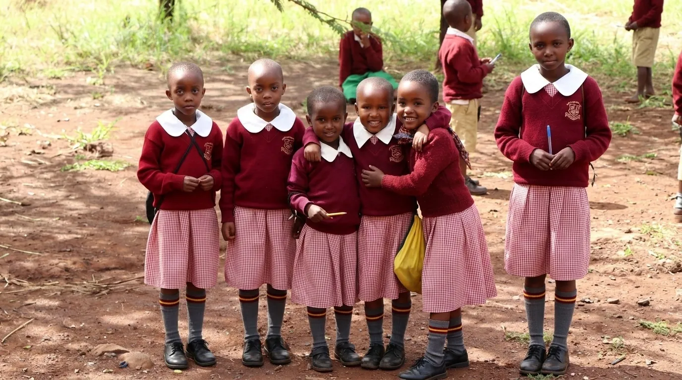 A group of girls in maroon jumpers and white collars laughing together outside a classroom.