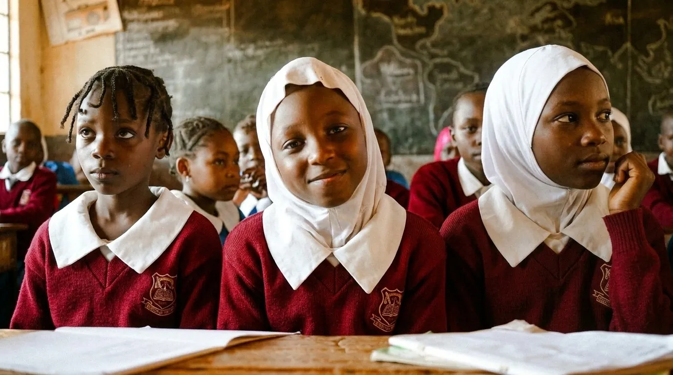 Girls in maroon jumpers and white collars smiling at their desks during a lesson.