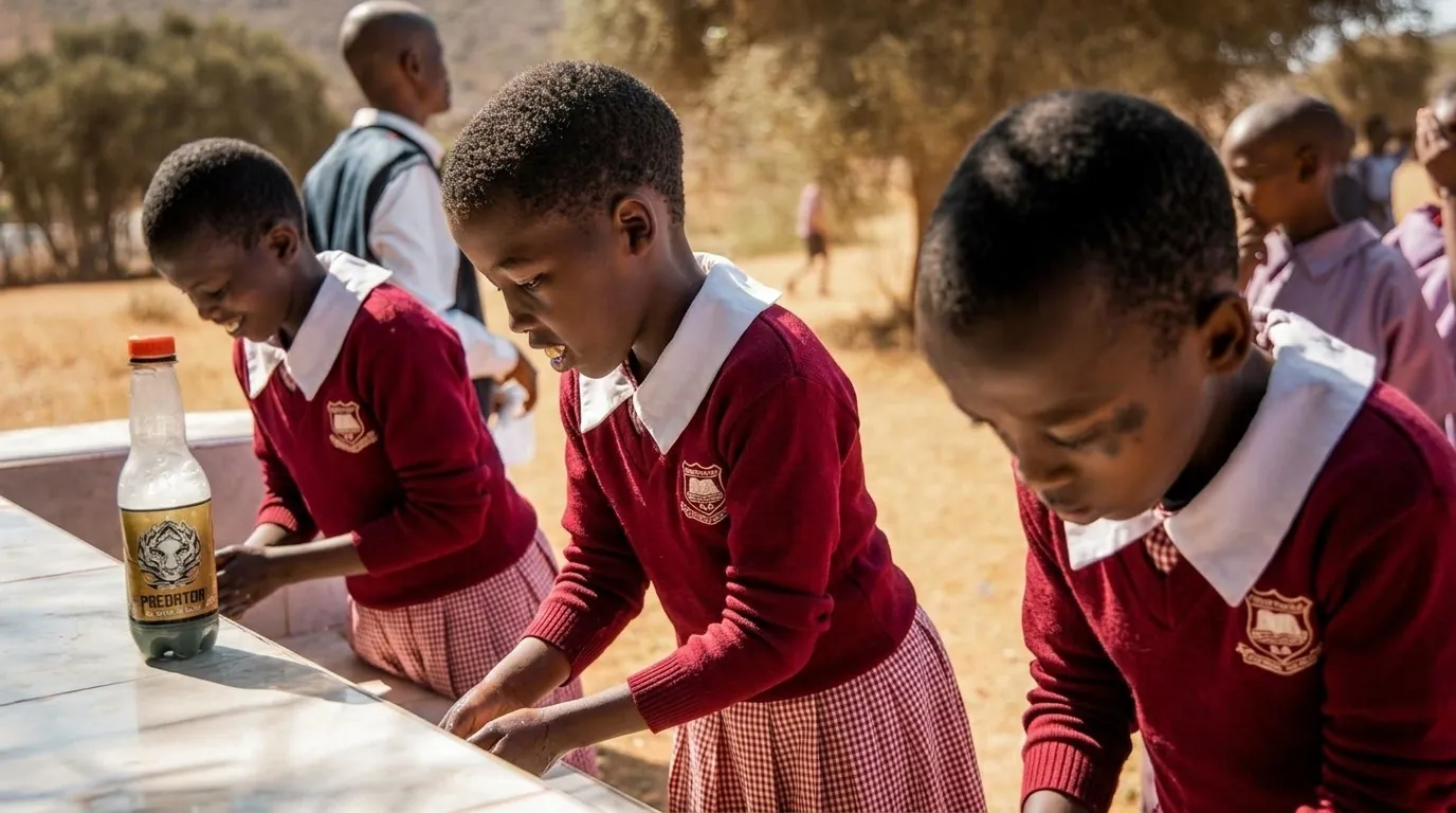 Pupils in maroon jumpers washing their hands at the outdoor trough before lunch.