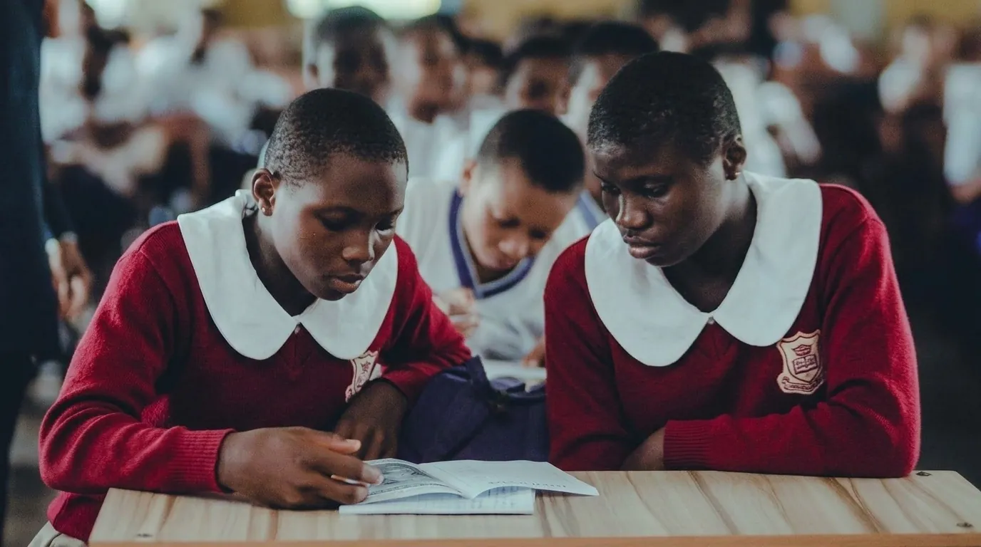 Two pupils in maroon jumpers sharing an open exercise book at a desk, heads bent over the page.