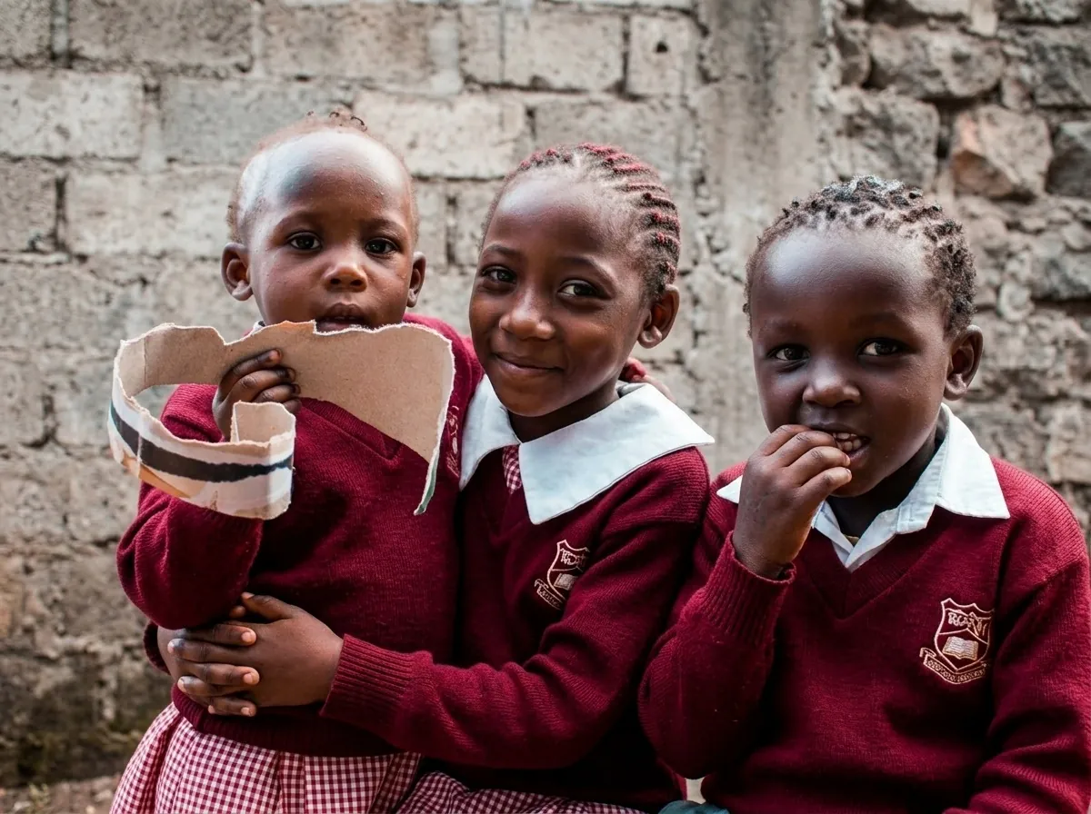 Smiling pupils in maroon jumpers close together outside the school.