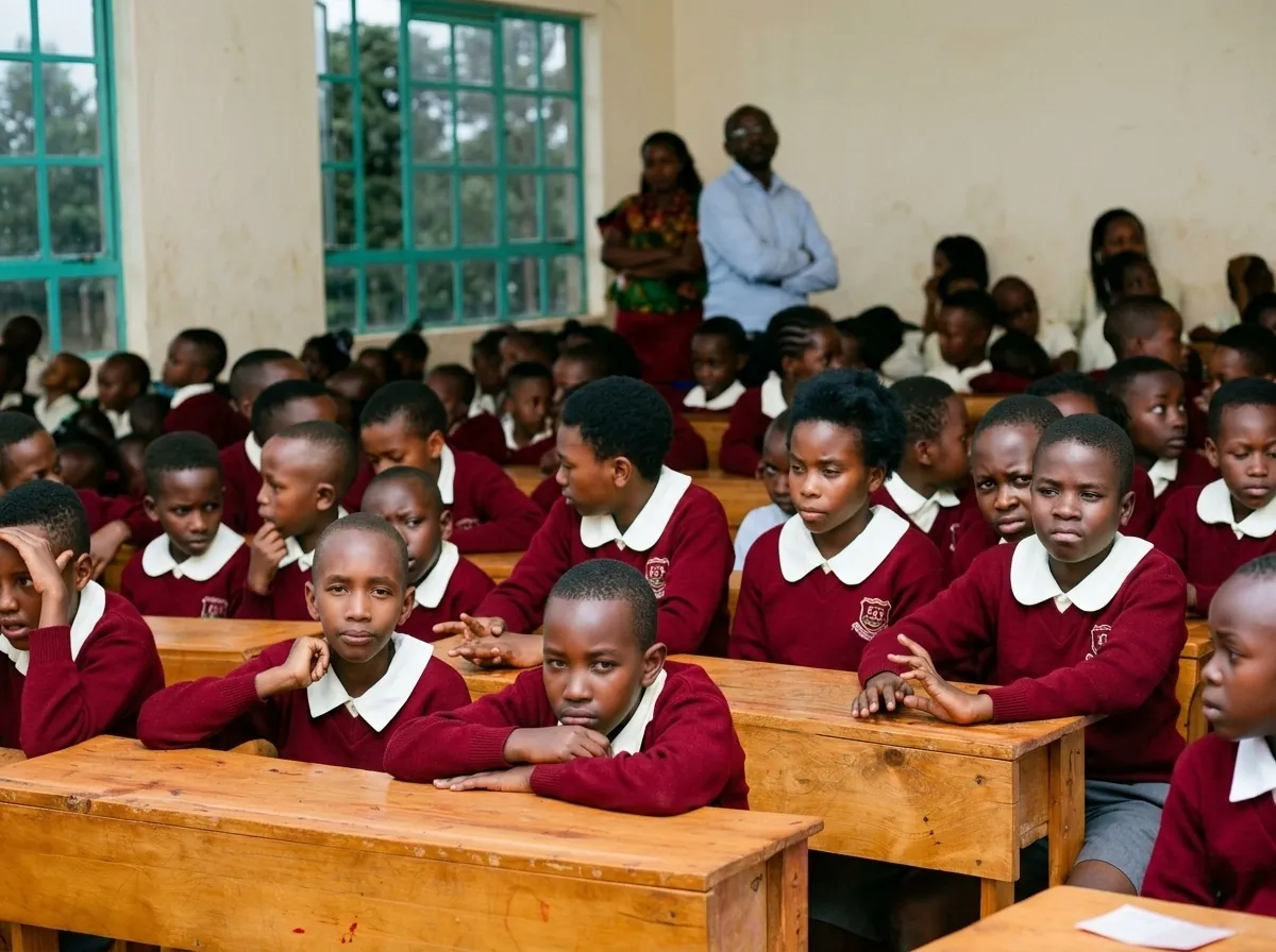 Pupils in maroon jumpers seated at wooden desks, listening during a lesson.