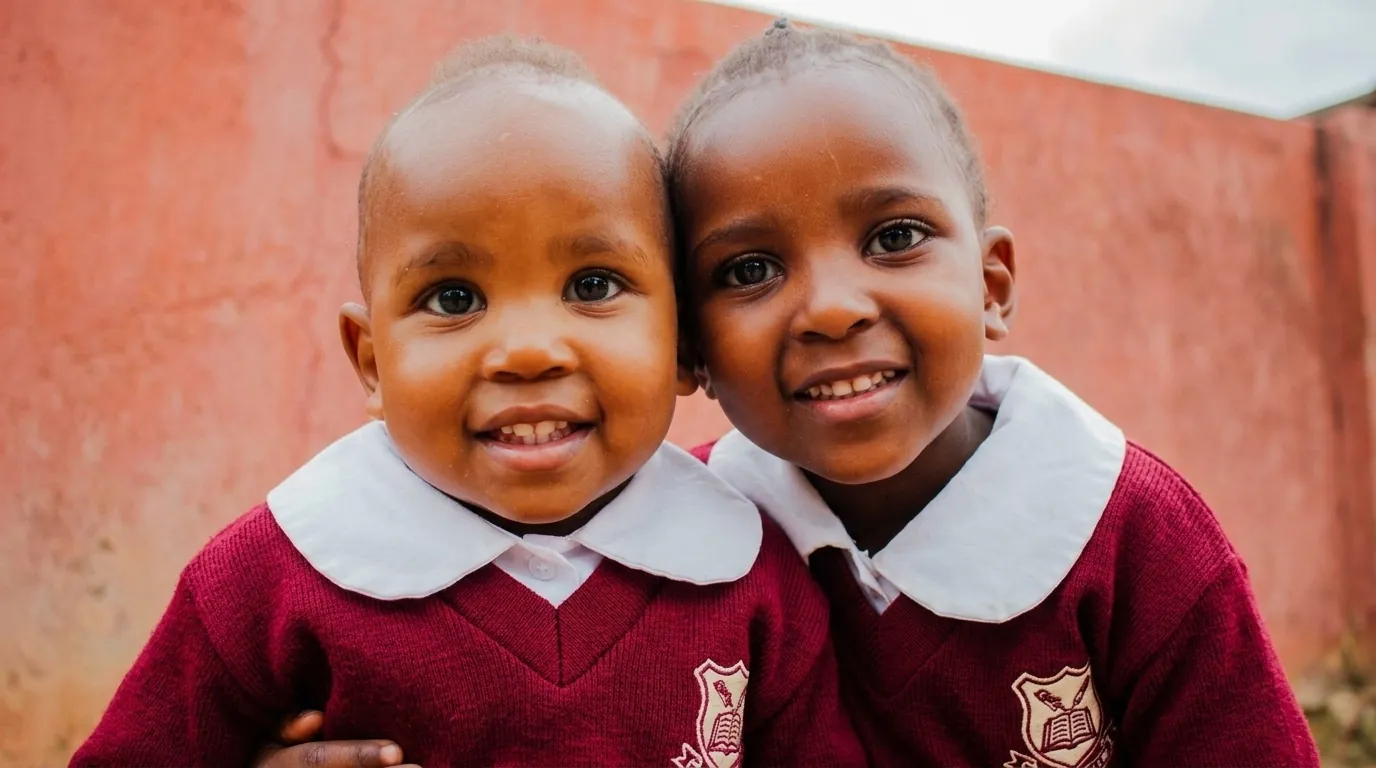 Two Madaraka pupils in maroon jumpers smiling closely at the camera.