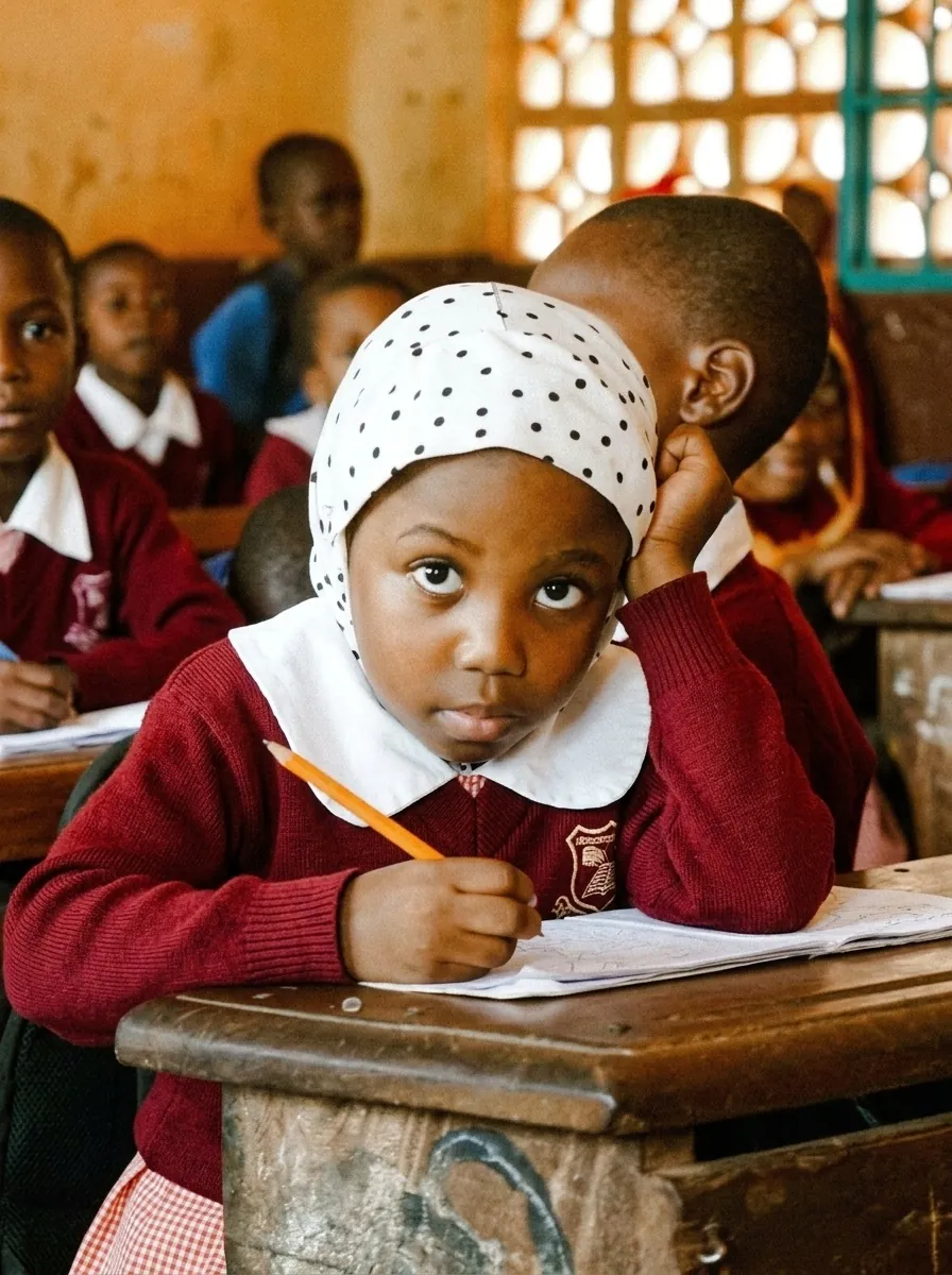 A girl in a maroon jumper and white headscarf looking directly at the camera.
