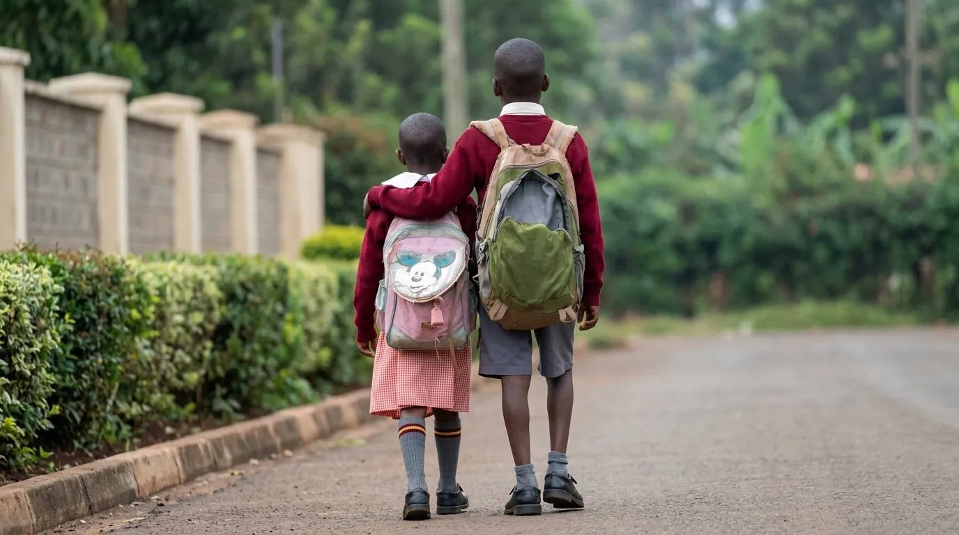 A pupil in school uniform walking to school along an estate lane, seen from behind.